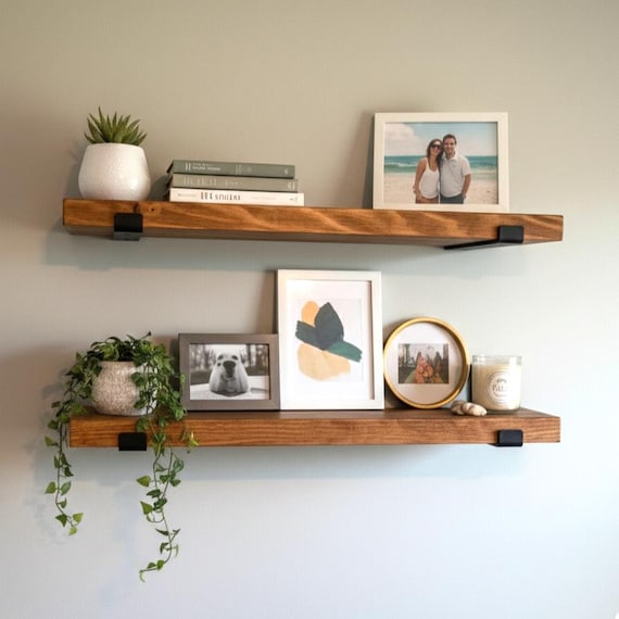 RENTER Friendly Shelves, SET of TWO, Solid Wood Shelving for Airbnb or Apartment with Brackets