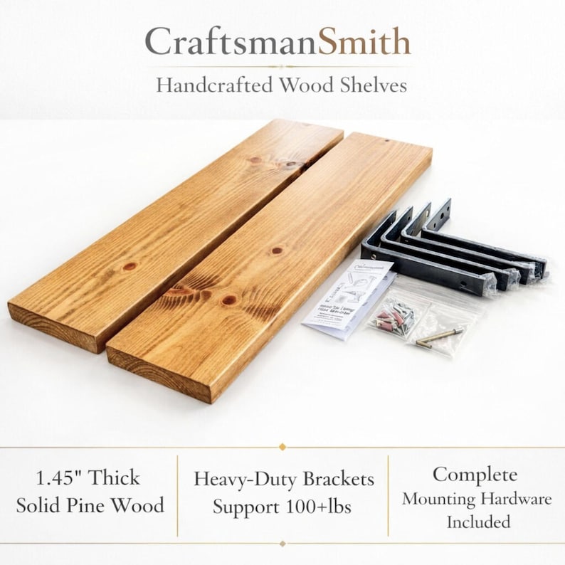 CraftsmanSmith set of two handcrafted wood shelves with all hardware included. Kit features 1.45 inch thick solid pine wood boards, four heavy-duty matte black metal brackets, and mounting screws for easy home installation.