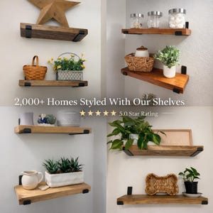 Collage of handcrafted rustic wood floating shelves with black metal brackets styled in bathroom and home décor spaces, featuring 2,000+ homes and 5.0 star rating.