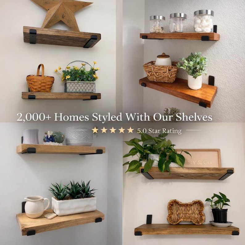 Collage of handcrafted rustic wood floating shelves with black metal brackets styled in bathroom and home décor spaces, featuring 2,000+ homes and 5.0 star rating.