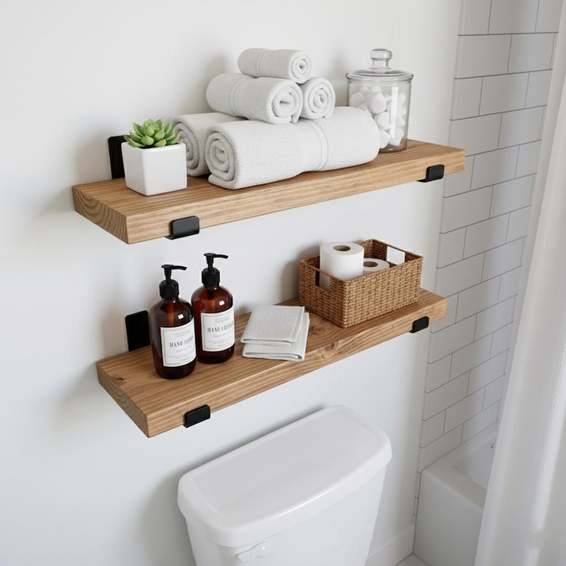 May include: Two wooden floating shelves with black metal brackets are mounted on a white wall. The top shelf holds rolled white towels, a small succulent, and a glass jar. The bottom shelf has soap dispensers, washcloths, and a wicker basket.
