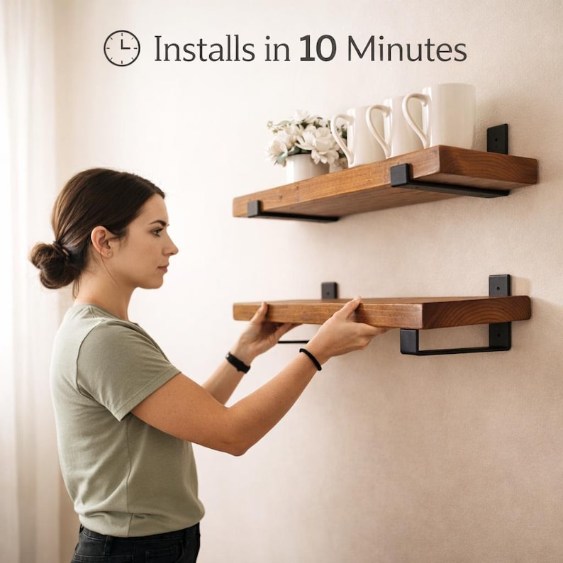 Peut inclure: Deux &eacute;tag&egrave;res flottantes en bois avec des supports en m&eacute;tal noir sont install&eacute;es sur un mur. Les &eacute;tag&egrave;res sont teint&eacute;es d'une couleur marron chaud. Le texte "Installs in 10 Minutes" est au-dessus des &eacute;tag&egrave;res.
