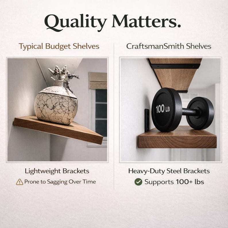 Peut inclure: Image comparant deux types d'&eacute;tag&egrave;res. &Agrave; gauche, une &eacute;tag&egrave;re avec un vase, &eacute;tiquet&eacute;e "Typical Budget Shelves" avec "Lightweight Brackets". &Agrave; droite, une &eacute;tag&egrave;re avec un halt&egrave;re de 45 kg, &eacute;tiquet&eacute;e "CraftsmanSmith Shelves" avec "Heavy-Duty Steel Brackets". Le texte "Quality Matters" est en haut.