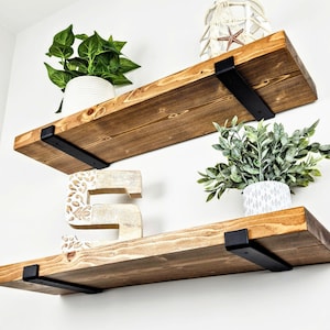 Shelves for Bedroom – SET OF TWO Floating Wood Shelves – Premium Rustic Shelving with Industrial J-Brackets