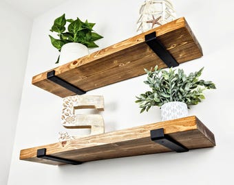 SET OF TWO Floating Wood Shelves – Premium Rustic Shelving with Industrial Brackets – Handmade by CraftsmanSmith –Ships in 48 Hours or Less!