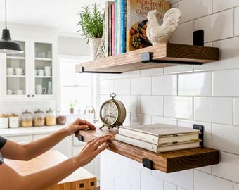 Rustic Wood Bookshelves | Set of 2 Floating Shelves with Industrial Brackets | Wall Mounted Book Storage | Farmhouse Bookcase Decor