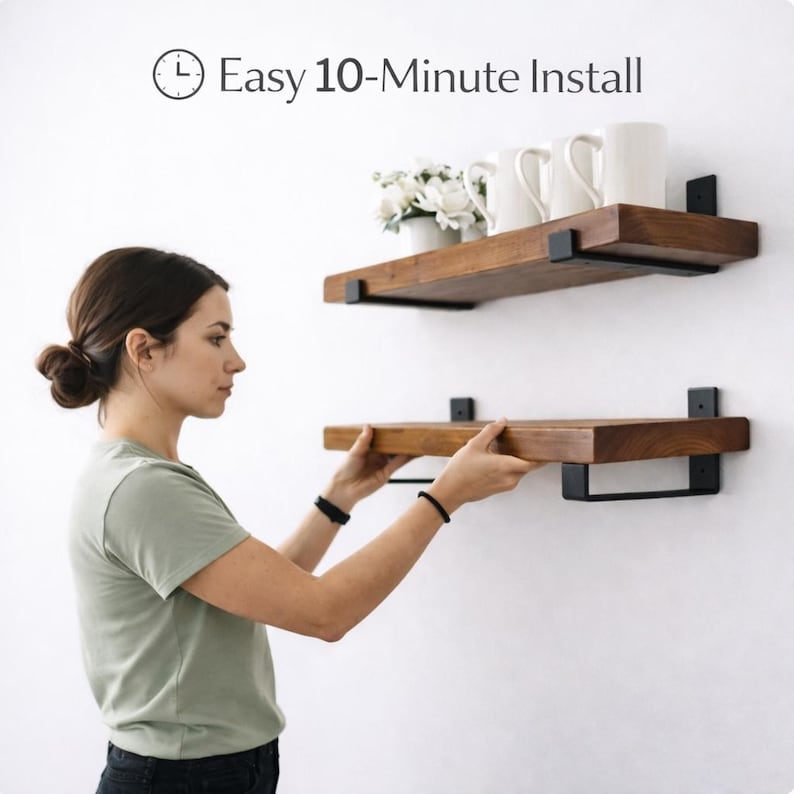 Easy 10-minute installation of a set of two rustic floating wood shelves. A woman is shown sliding a solid wood shelf onto matte black metal brackets, demonstrating the simple mounting process for farmhouse kitchen shelving.