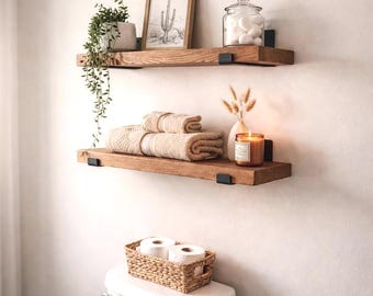 Above Toilet Shelves, SET of 2, Real Wood Bathroom Shelving with Brackets