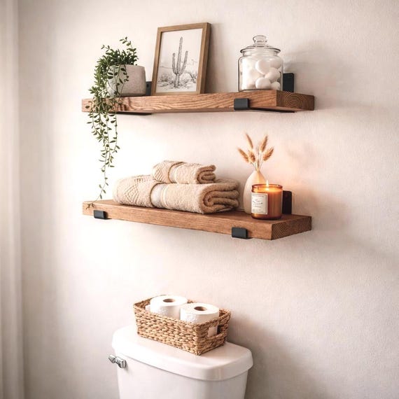 Above Toilet Shelves, SET of 2, Real Wood Bathroom Shelving with Brackets