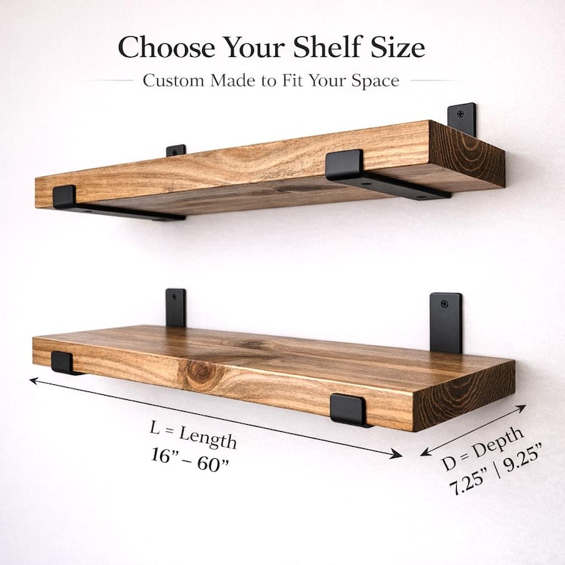Peut inclure: Deux &eacute;tag&egrave;res flottantes en bois avec des supports m&eacute;talliques noirs. Les &eacute;tag&egrave;res sont en bois brun clair et sont mont&eacute;es sur un mur blanc. La longueur est disponible de 40,6 &agrave; 152,4 cm, et la profondeur est de 18,4 ou 23,5 cm.