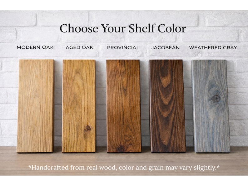 Wood stain color chart for rustic floating shelves featuring five finishes: Modern Oak, Aged Oak, Provincial, Jacobean, and Weathered Gray. Handcrafted solid wood samples displayed vertically against a white brick background to show natural grain and texture.