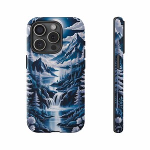 Moonlit Mountain iPhone Case, Waterfall Scenery Phone Cover, Nature Inspired Phone Case, Celestial Art iPhone Case