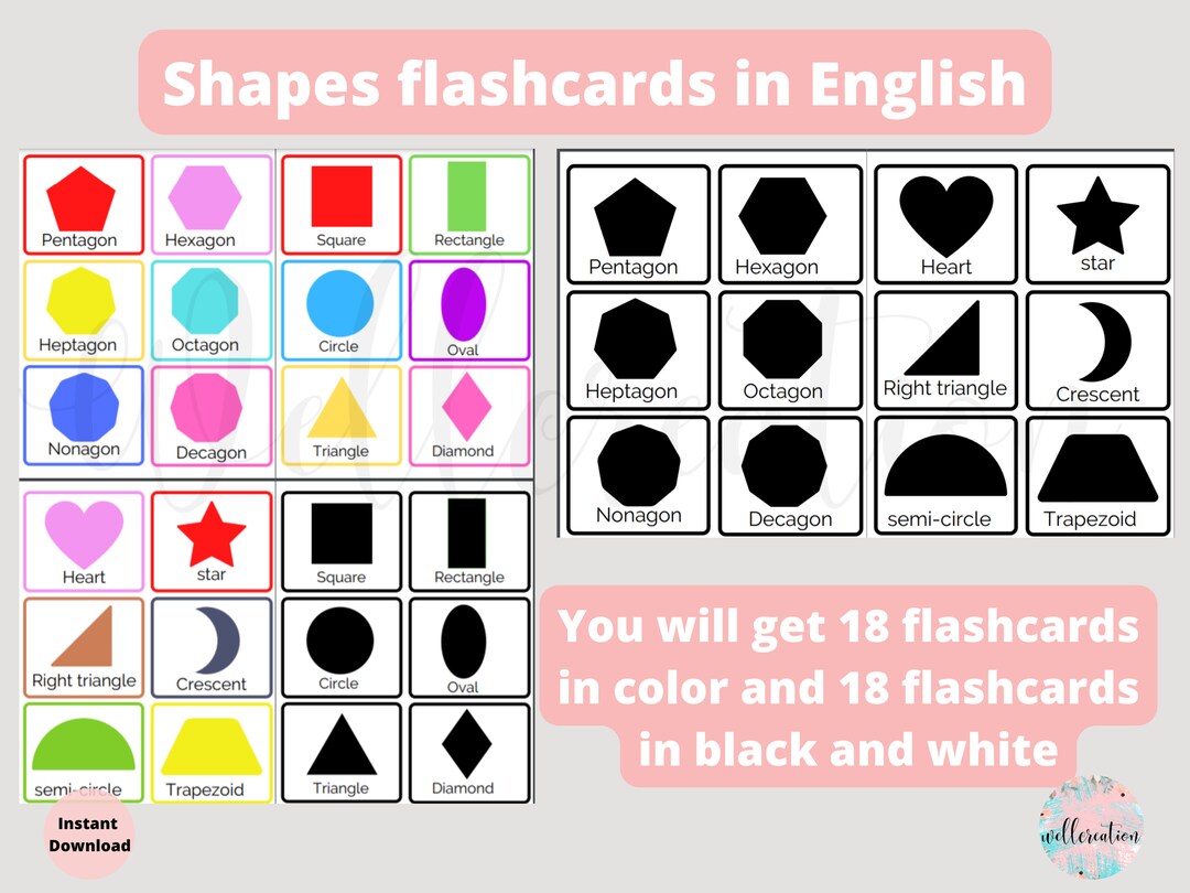Shapes Flashcards in Color, Geometric Shapes Black and Write, Preschool ...