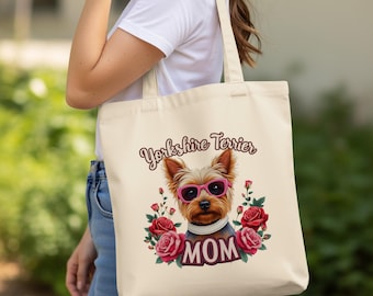 Yorkshire Terrier Mom Tote Bags, Dog Lover Gift, Cute Dog Totes, Floral Dog Design, Unique Dog Gift, Popular Dog Totes, Stylish Pet Tote