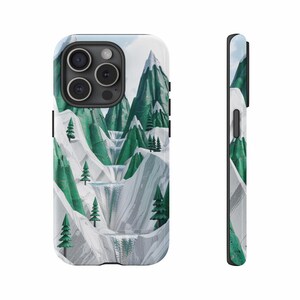 Green Mountain iPhone Case, Waterfall Scenery, Nature Lover Gift, Modern Design, Stylish Phone Cover, Aesthetic Art iPhone Case