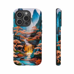 Zen Garden iPhone Case for iPhone 14 15 16, Waterfall Phone Cover, Artistic Phone Case, Blue Mountains Design, Unique Nature iPhone Cases.