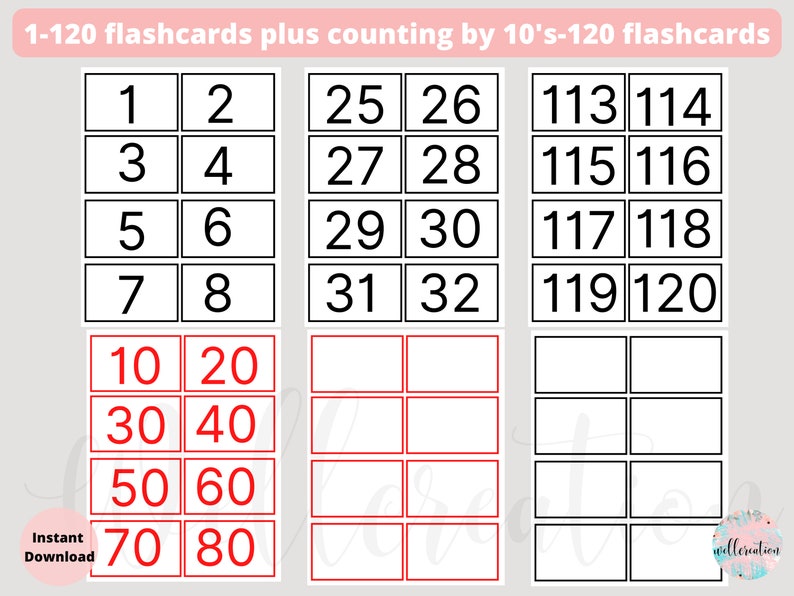 1120 Numbers Flashcards Printable Math Learning Activity Etsy