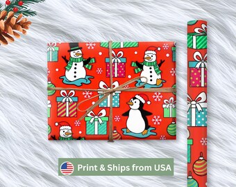 Christmas Wrapping Papers, Penguin Snowman Gift Wrapping, Holiday Season Gift Wrap, Festive Presents, Christmas Decorations