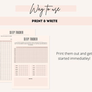 May include: Two printable sleep tracker sheets with a grid for tracking hours of sleep each day. The sheets also include a section for rating sleep quality each month.