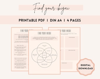 May include: A digital download featuring three printable pages with the text "Find your ikigai." The pages are light pink with black text, including the words "Printable PDF" and "Digital Download."