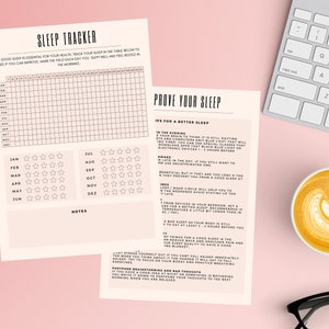 May include: A printable sleep tracker with a grid for logging sleep quality and a section with tips for improving sleep. The tips include advice on using blue light blocking glasses, avoiding screens before bed, and maintaining a consistent sleep schedule.