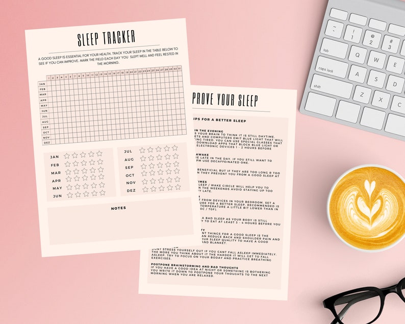 May include: A printable sleep tracker with a grid for logging sleep quality and a section with tips for improving sleep. The tips include advice on using blue light blocking glasses, avoiding screens before bed, and maintaining a consistent sleep schedule.