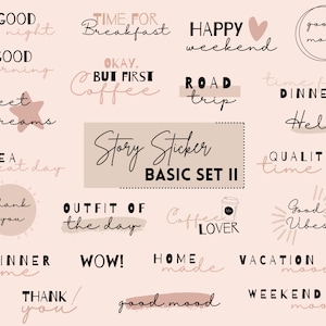 Peut inclure: Un ensemble de 20 autocollants numériques pour stories dans des tons roses et bruns. Les autocollants présentent des phrases telles que "Bonne nuit", "Bonjour", "Douce nuit", "Passez une bonne journée", "Merci", "Heure du dîner", "Tenue du jour", "Amoureux du café", "Bonnes vibrations", "Ambiance vacances", "Ambiance week-end", "Temps de qualité", "Heure du petit-déjeuner", "Ok, mais d'abord le café", "Voyage en voiture", "Heure du dîner", "Bonjour", "Bon week-end", "Wow", "Fait maison", "Bonne humeur".