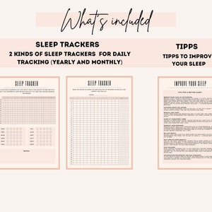May include: Two printable sleep trackers for daily tracking, one for yearly and one for monthly, with a pink background.  The third page includes tips to improve your sleep.