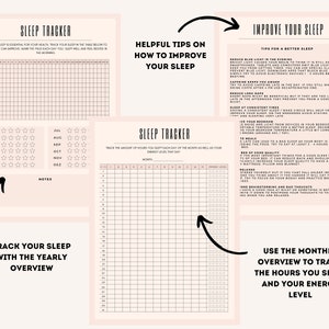 May include: A printable sleep tracker with a pink background. The tracker includes a monthly overview, a yearly overview, and helpful tips on how to improve your sleep. The text "Sleep Tracker" is at the top of the page.