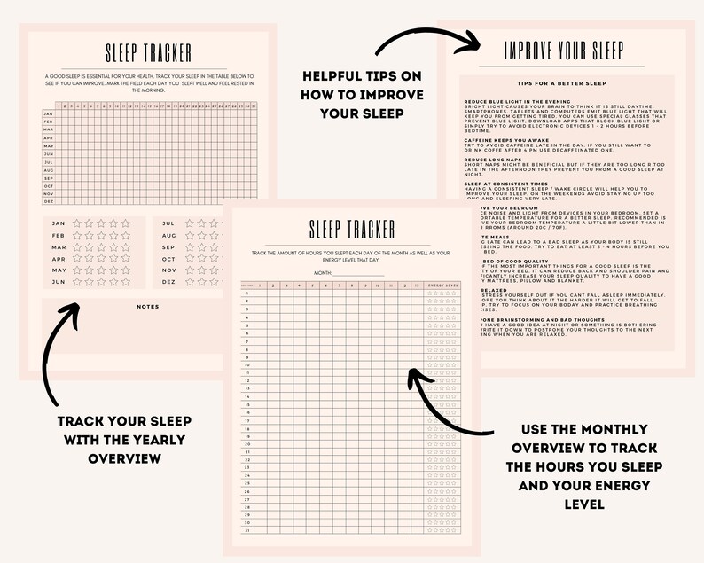 May include: A printable sleep tracker with a pink background. The tracker includes a monthly overview, a yearly overview, and helpful tips on how to improve your sleep. The text "Sleep Tracker" is at the top of the page.