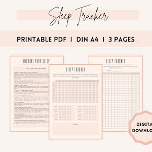 May include: Printable sleep tracker in PDF format, designed for DIN A4 paper. The tracker includes three pages: a sleep tracker log, a sleep quality rating chart, and tips for improving sleep. The document is available for digital download.