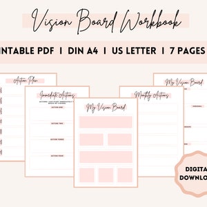 May include: Printable vision board workbook with seven pages, including sections for action plans, immediate actions, monthly actions, and a vision board. The pages are white with black text and pink accents. The text "DIGITAL DOWNLOAD" is in a pink circle at the bottom right corner.