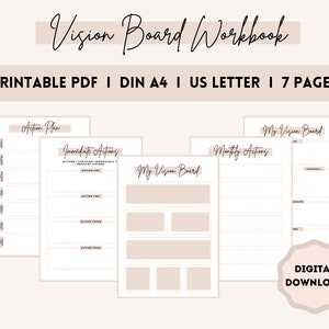 May include: Printable vision board workbook with 7 pages, including sections for action plans, immediate actions, monthly actions, and a vision board. The workbook is available as a digital download in US Letter and DIN A4 sizes.