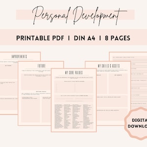 May include: A set of printable personal development worksheets in pink and white. The worksheets include sections for improvements, future, core values, and skills and assets. The text "Printable PDF | DIN A4 | 8 Pages" is at the top of the page. The text "Digital Download" is in a circle at the bottom of the page.
