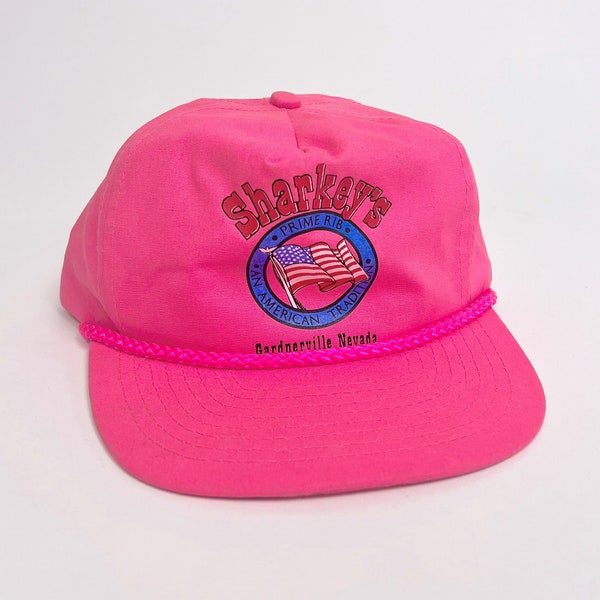Vintage 90s Sharkeys Prime Rib American Flag Gardenerville Nevada Novelty Graphic Hot Pink Neon Trucker Hat Cap One Size