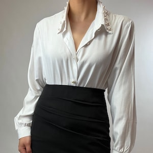 Vintage 80s Pearl Embellished Oversized White Button Up Shirt Blouse Small Medium Large