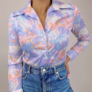 Vintage 70s Colorful Pastel Psychedelic Floral Retro Button Up Blouse XSmall Small