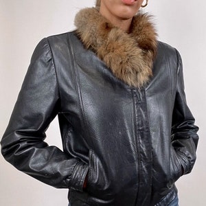Vintage Wilsons Leather Motorcycle Racing Bomber Jacket with Fox Fur Trim 70s 80s Small Medium