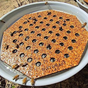 May include: A white plastic tray with a brown cork bee watering station with multiple holes. The station has the text "NATURAFT" printed on it. Bees are gathered around the station.