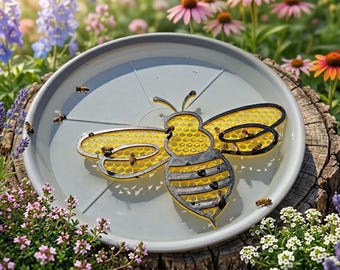 Isla flotante con forma de abeja: bebedero para polinizadores y fuente de alimento para pájaros.