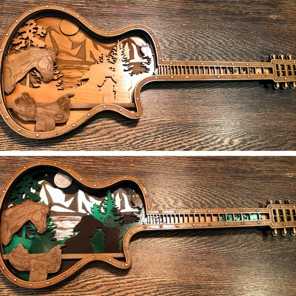 wooden guitar, layered laser "Plans only", Old West Romance, layered laser display, wood laser, new original art design