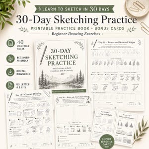 Puede incluir: Un libro de ejercicios de dibujo imprimible de 30 días con tarjetas adicionales, que incluye 40 páginas de ejercicios para principiantes. Las páginas presentan guías de dibujo de contorno, tutoriales de formas de hojas y ejercicios diarios.