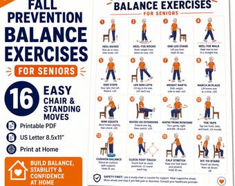 Ejercicios de equilibrio para la prevención de caídas en personas mayores (PDF imprimible) / Tabla de entrenamiento de movilidad para levantarse de la silla (digital)