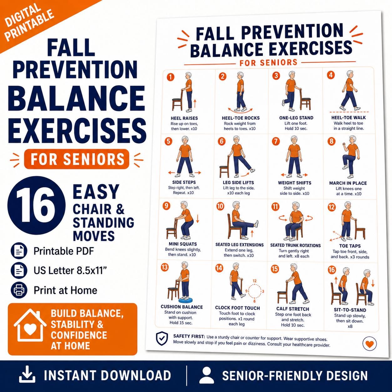 Fall Prevention Balance Exercises for Seniors Printable PDF | Chair ...
