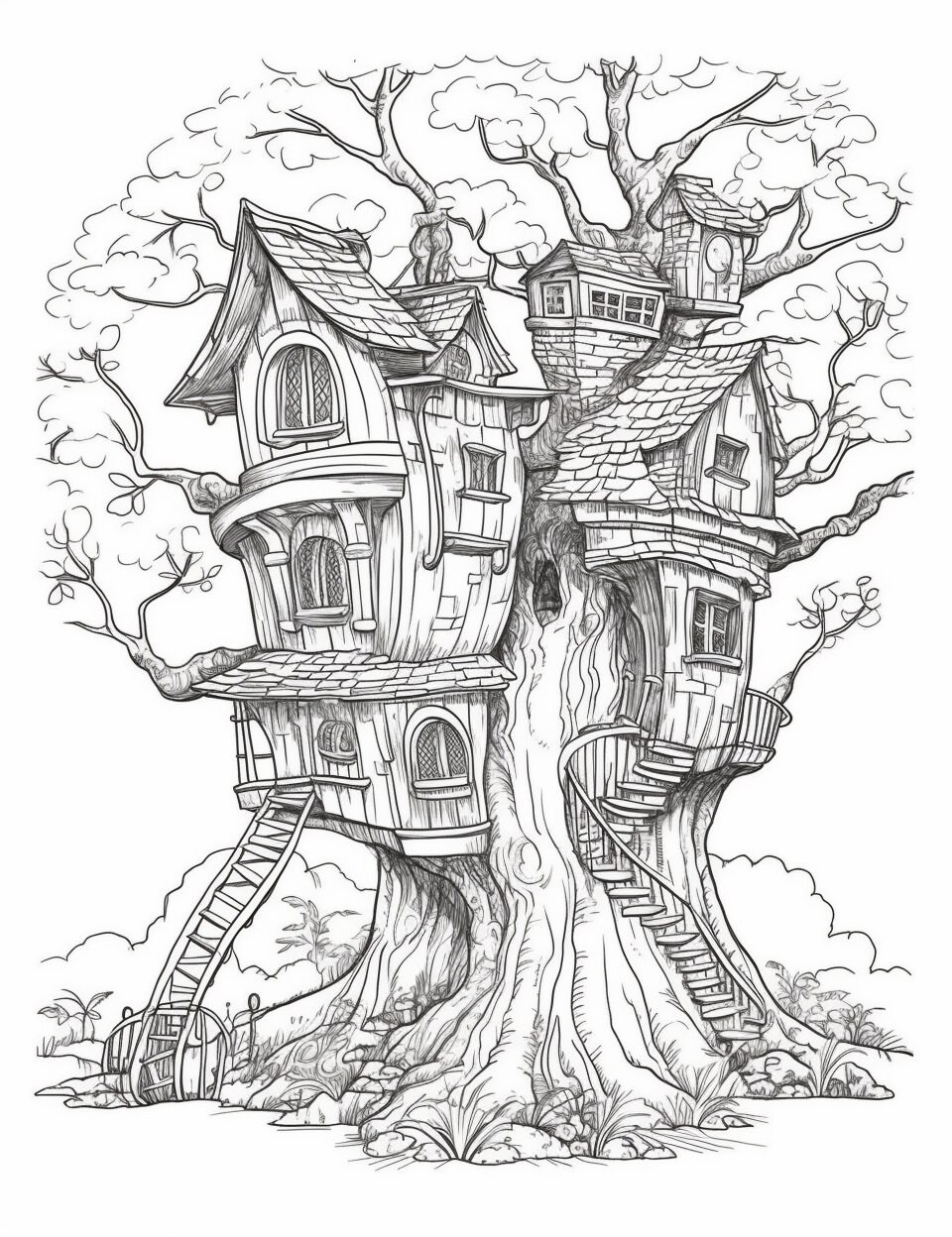 110 Enchanted Treehouse Coloring Book Printable for Adults, Grayscale