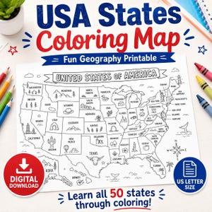 May include: A printable USA States Coloring Map featuring a black and white outline of the United States of America. Each state is labeled and includes a small icon representing local landmarks or nature. The page includes a compass rose.