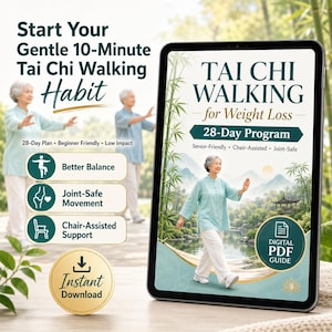 Pode incluir: Um tablet digital exibindo um guia de programa de 28 dias de caminhada Tai Chi para perda de peso. A tela mostra uma pessoa praticando Tai Chi em um jardim, com texto detalhando um plano de 28 dias e suporte assistido por cadeira.