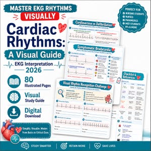 Puede incluir: Una guía de estudio digital titulada Cardiac Rhythms: A Visual Guide 2026, que contiene 80 páginas ilustradas para la interpretación de ECG. El documento incluye secciones sobre cardioversión frente a desfibrilación, bradicardia sintomática y un desafío de reconocimiento visual de ritmos con tiras de ECG, ilustraciones de corazones y listas de verificación clínicas.