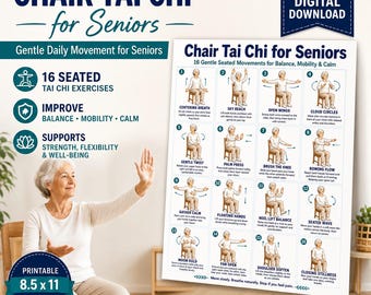 Chair Tai Chi Poster für Senioren, 16 Sitzübungen (Digitaler Download)