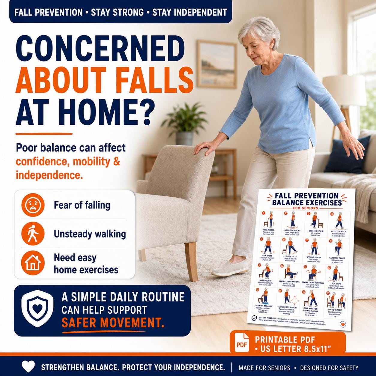 Fall Prevention Balance Exercises for Seniors Printable PDF | Chair ...